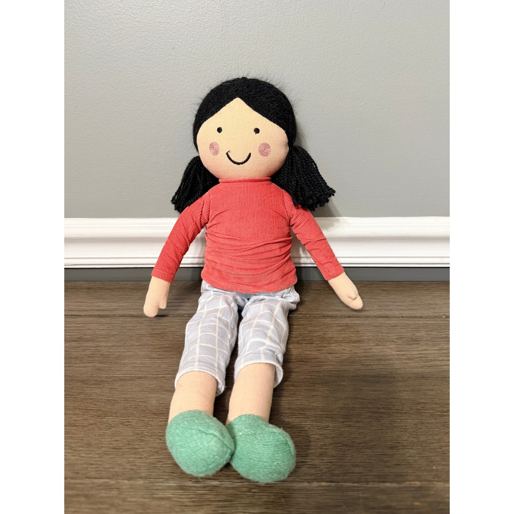 Soft Fabric Rag Doll Girl Pigtails Red Shirt Blue Grid Pants 12 Inch Plush Toy